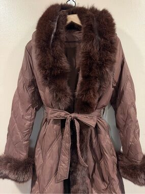 New Goose Down Brown Coat with Removable Genuine Fur Trim Coat Small-Large